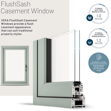 FlushSash casement window design with specifications and benefits outlined.