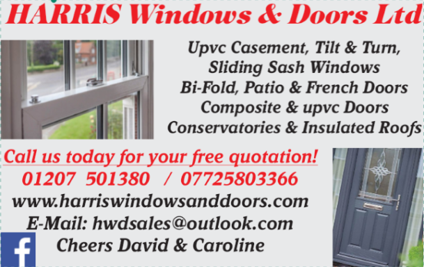 Advertising banner for Harris Windows & Doors Ltd with contact details and services offered.