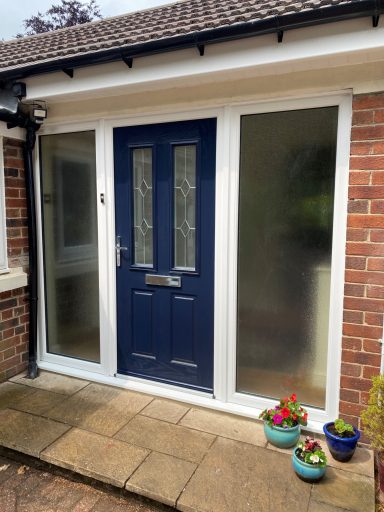 Blue front door with glass panels and potted plants on the stone path.